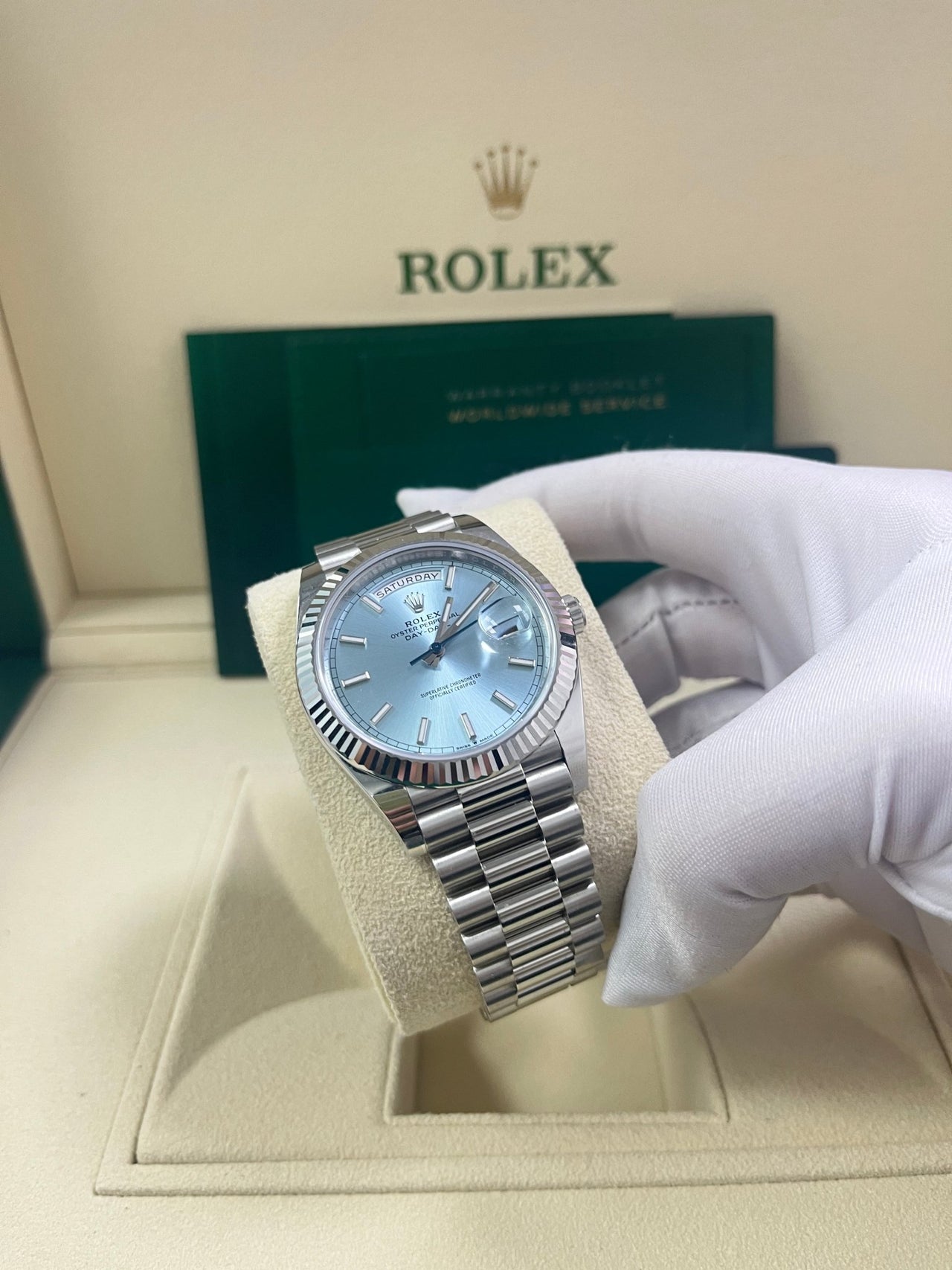 Rolex Day-Date 40 Platinum Day-Date 40 Watch - Fluted Bezel - Ice Blue Index Dial President Bracelet 228236 - WatchesOff5thWatch