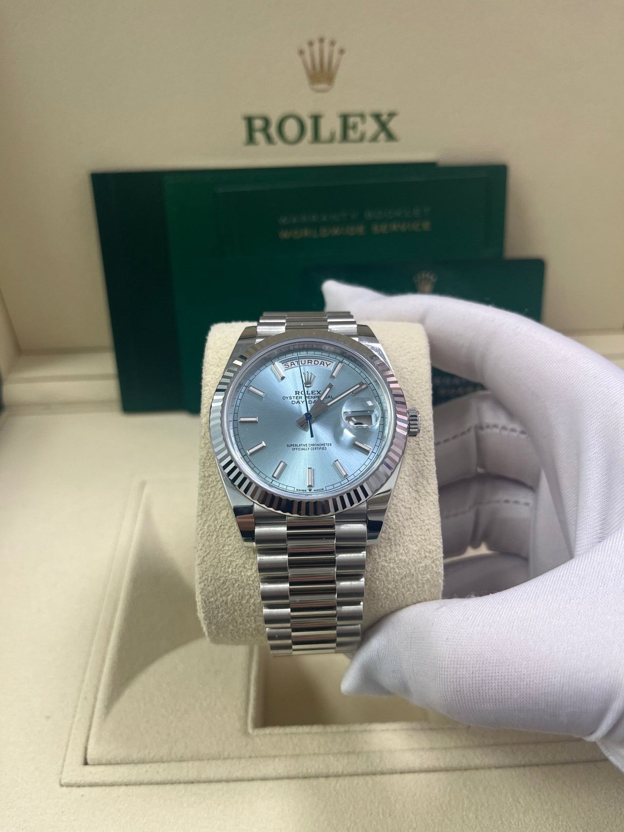 Rolex Day-Date 40 Platinum Day-Date 40 Watch - Fluted Bezel - Ice Blue Index Dial President Bracelet 228236 - WatchesOff5thWatch