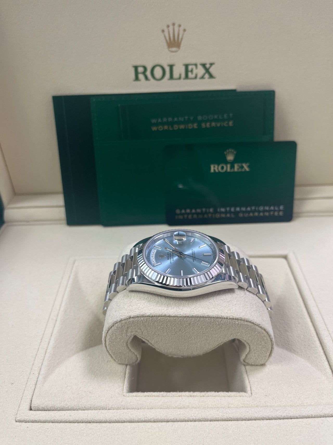 Rolex Day-Date 40 Platinum Day-Date 40 Watch - Fluted Bezel - Ice Blue Index Dial President Bracelet 228236 - WatchesOff5thWatch