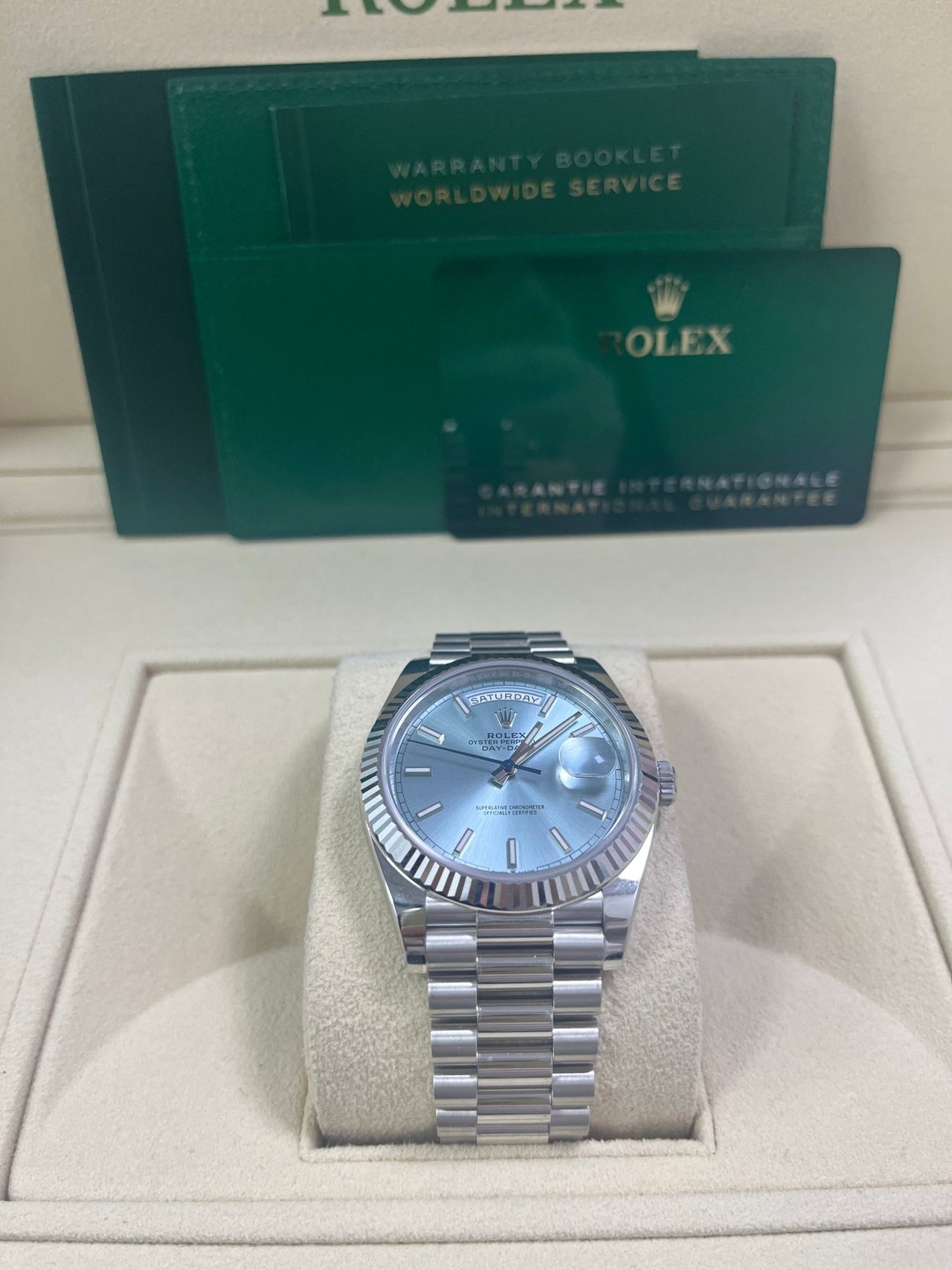 Rolex Day-Date 40 Platinum Day-Date 40 Watch - Fluted Bezel - Ice Blue Index Dial President Bracelet 228236 - WatchesOff5thWatch