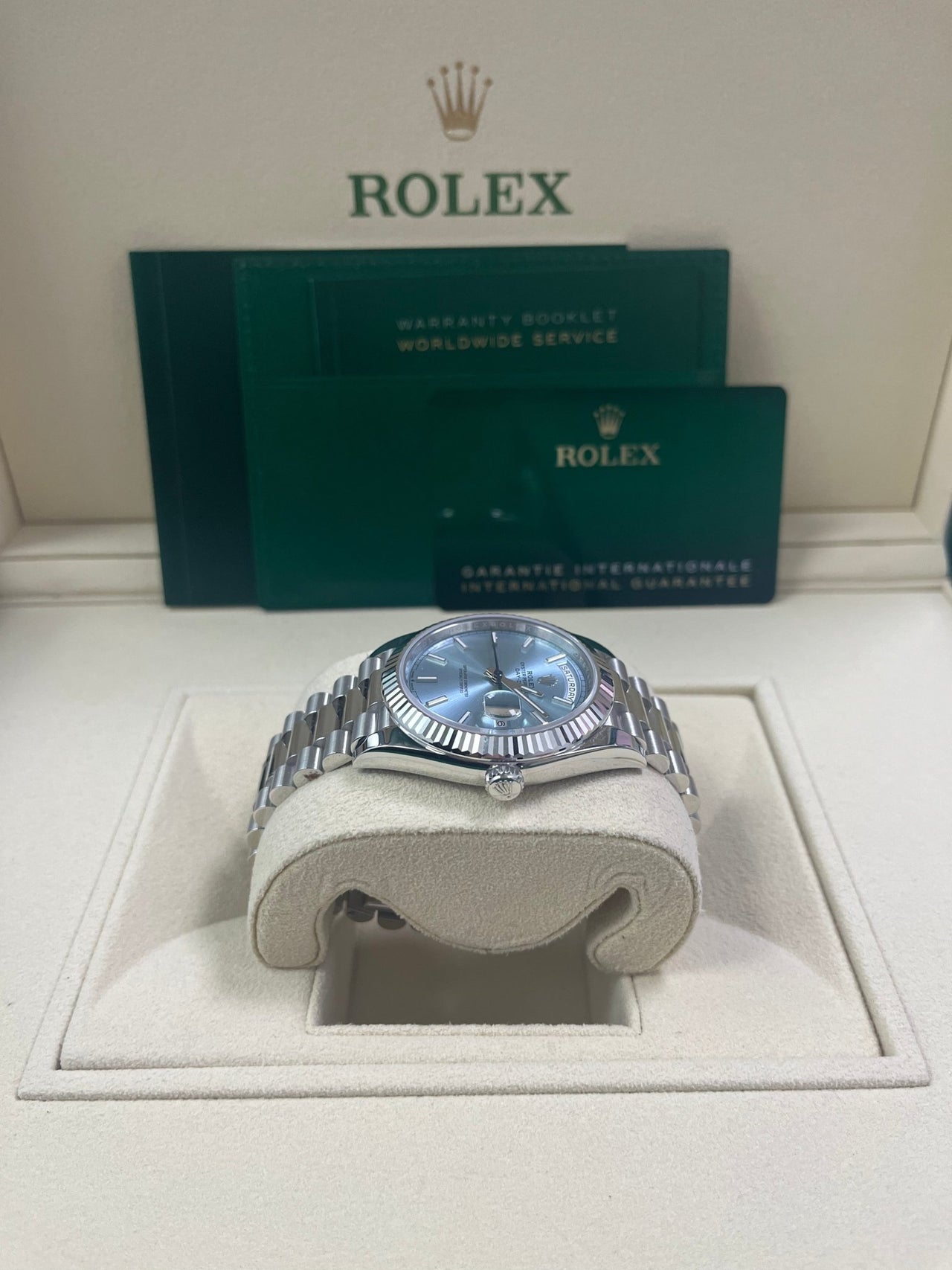 Rolex Day-Date 40 Platinum Day-Date 40 Watch - Fluted Bezel - Ice Blue Index Dial President Bracelet 228236 - WatchesOff5thWatch