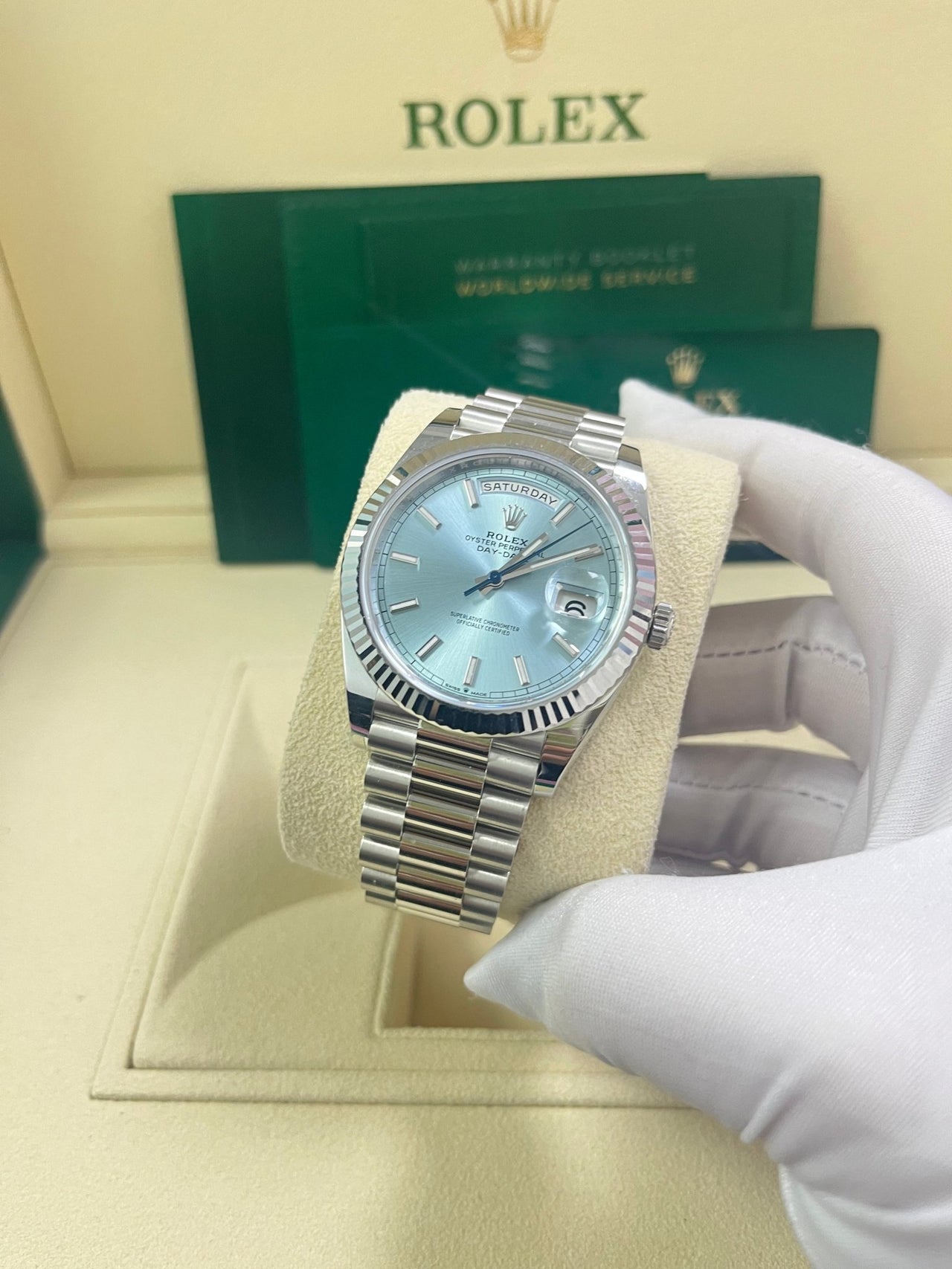 Rolex Day-Date 40 Platinum Day-Date 40 Watch - Fluted Bezel - Ice Blue Index Dial President Bracelet 228236 - WatchesOff5thWatch