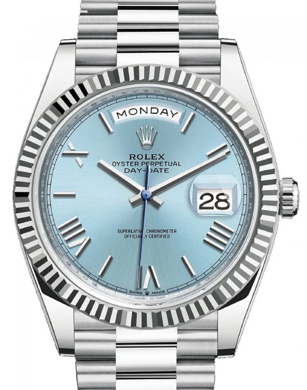 Rolex Day-Date 40 Platinum Day-Date 40 Watch - Fluted Bezel - Ice Blue Roman Dial President Bracelet 228236 - WatchesOff5thWatch