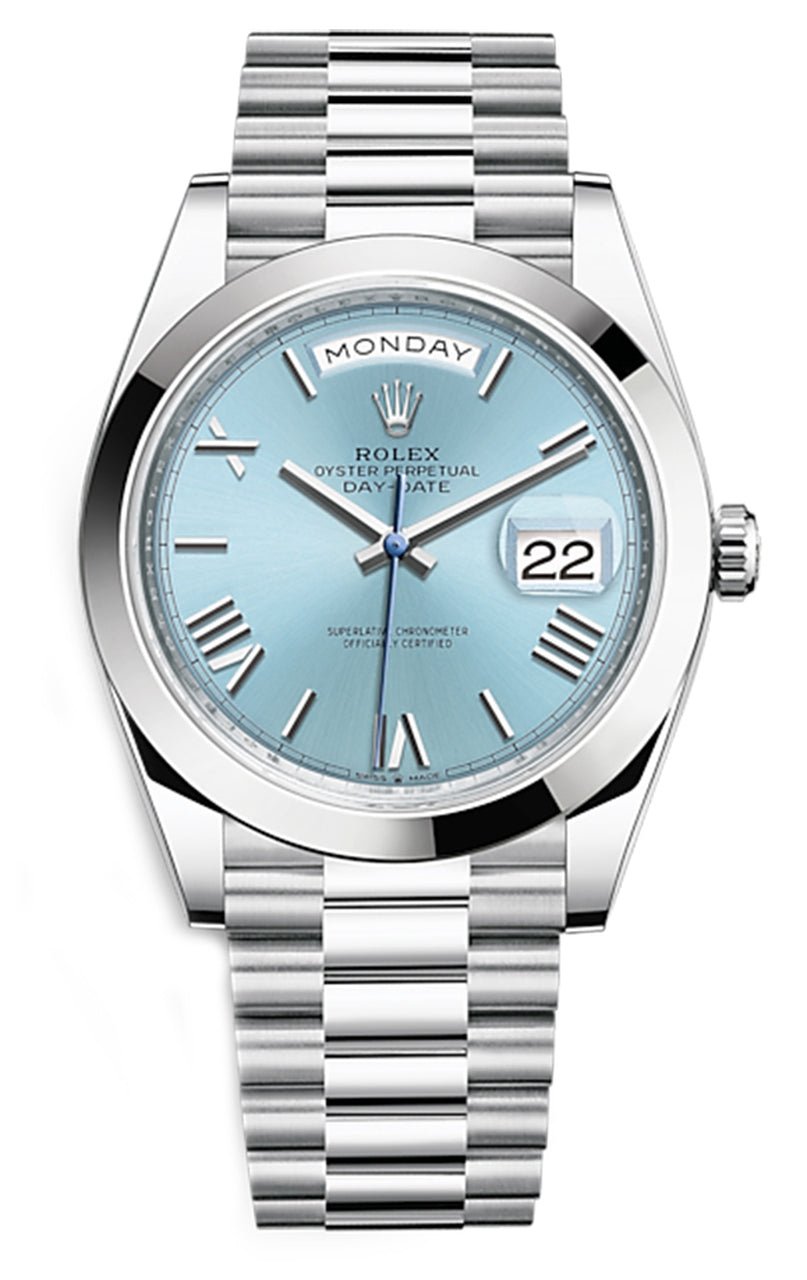 Rolex Day-Date 40 Platinum/ Ice-blue dial /President bracelet (Ref # 228206) - WatchesOff5thWatch