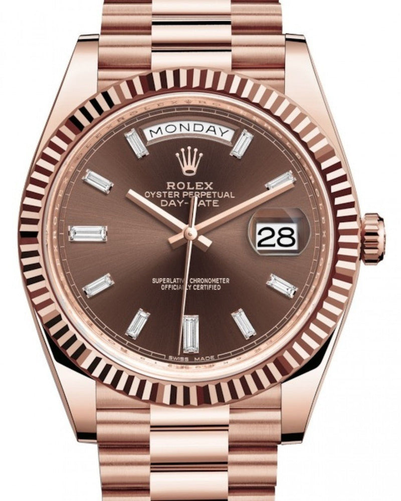 Rolex Day-Date 40 Rose Gold Day-Date 40 Watch - Fluted Bezel - Chocolate Baguette Diamond Dial - 228235 - WatchesOff5thWatch