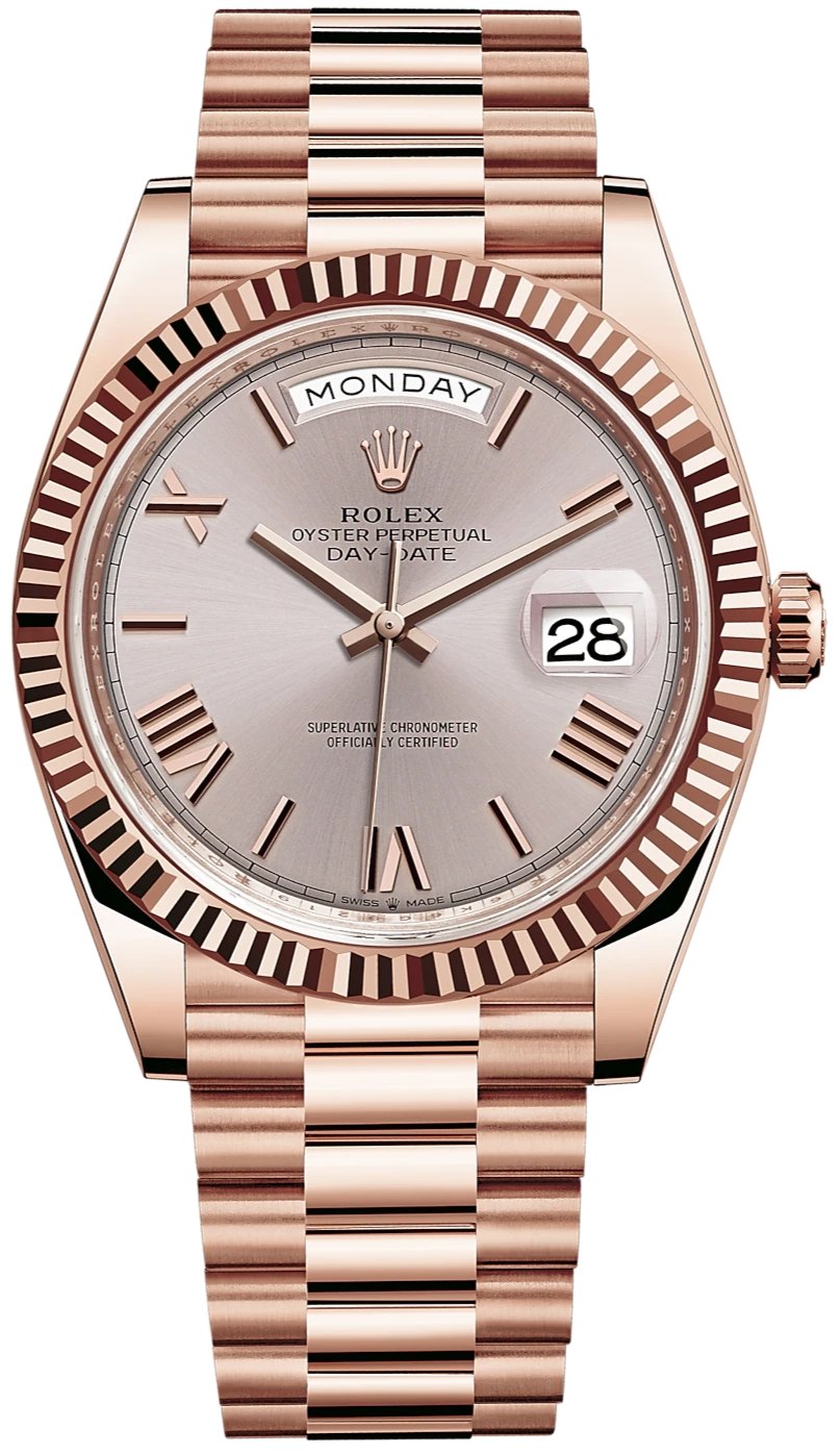 Rolex Day Date 40 Rose Gold Sundust Roman Dial Fluted Bezel Ref 228 WatchesOff5th