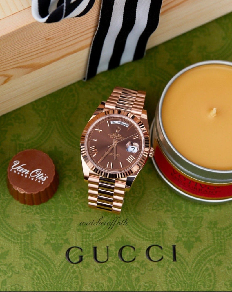 Rolex Day-Date 40 Rose Gold w/ Chocolate Roman Dial & Fluted Bezel (Ref# 228235) - WatchesOff5thWatch