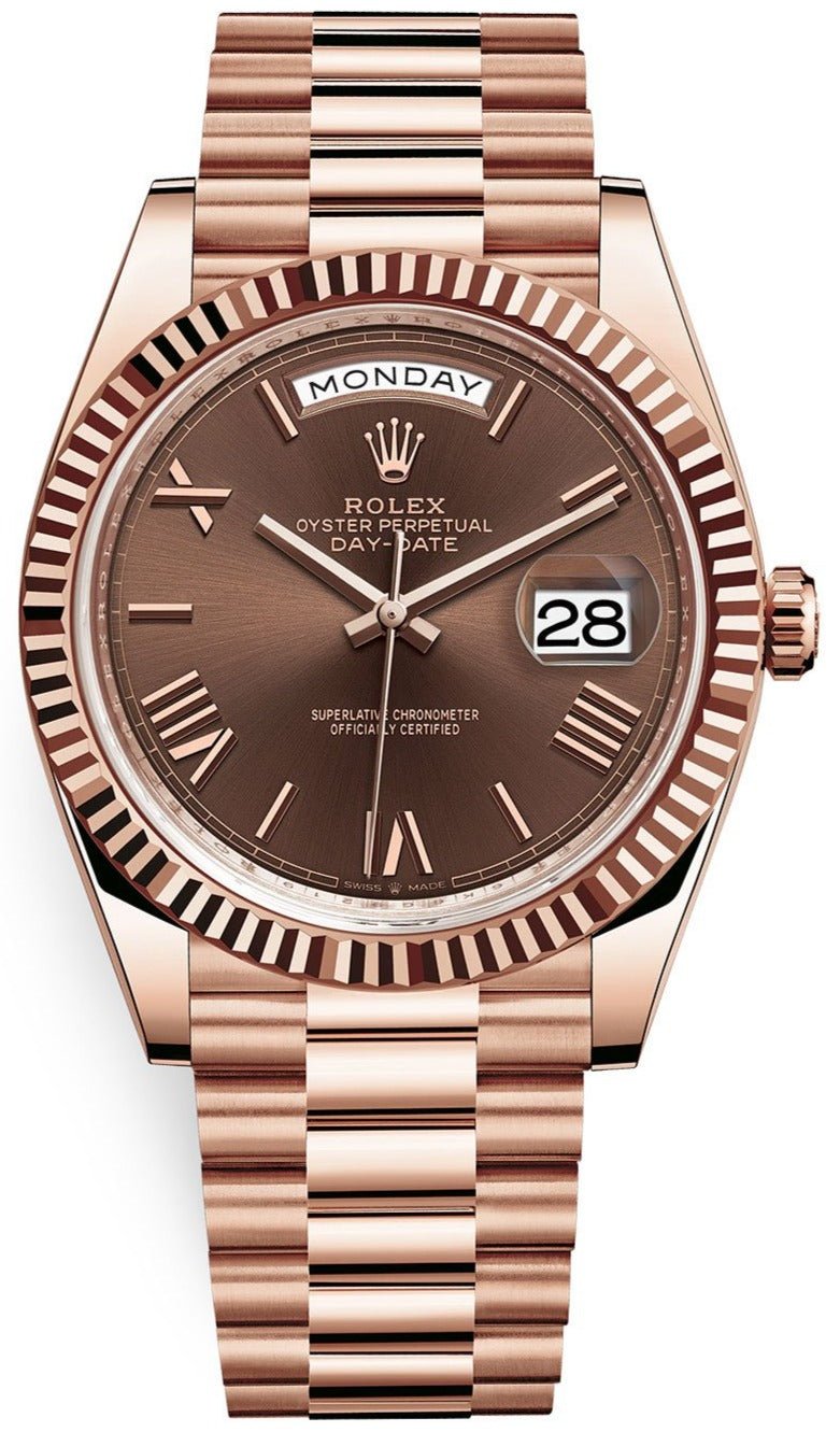 Rolex Day-Date 40 Rose Gold w/ Chocolate Roman Dial & Fluted Bezel (Ref# 228235) - WatchesOff5thWatch