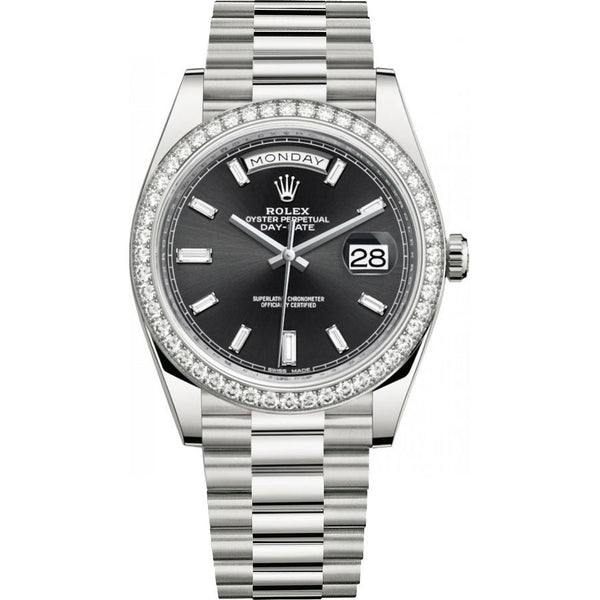 Rolex Day-Date 40 in 18kt White Gold with diamond bezel and baguette hour markers.