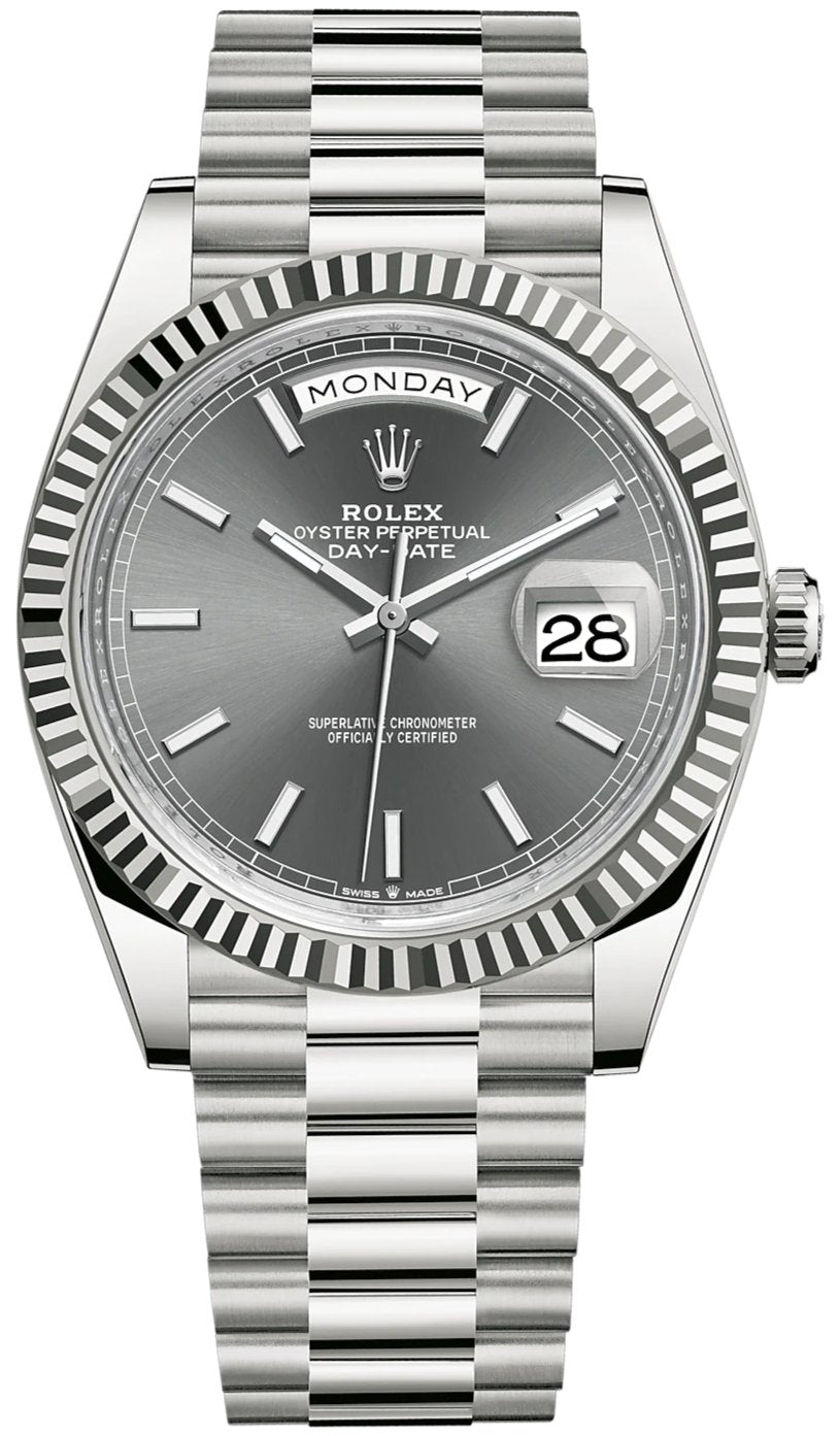 Rolex Day-Date 40 White Gold - Slate Dial - Fluted Bezel - President Bracelet (Ref: 228239) - WatchesOff5thWatch