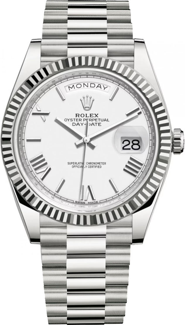 Rolex Day-Date 40 White Gold - White Roman Dial - Fluted Bezel - President Bracelet (Ref: 228239) - WatchesOff5th