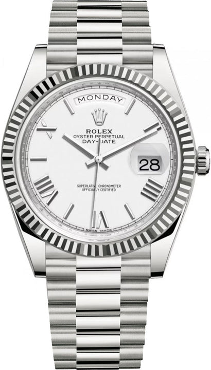 Rolex Day Date 40 White Gold White Roman Dial Fluted Bezel Presi WatchesOff5th