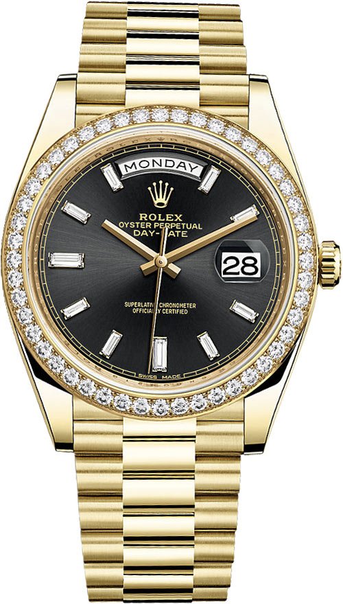 Rolex Day-Date 40 Yellow Gold - Black Diamond Dial - Diamond Bezel - President Bracelet (Ref# 228348RBR) - WatchesOff5thWatch
