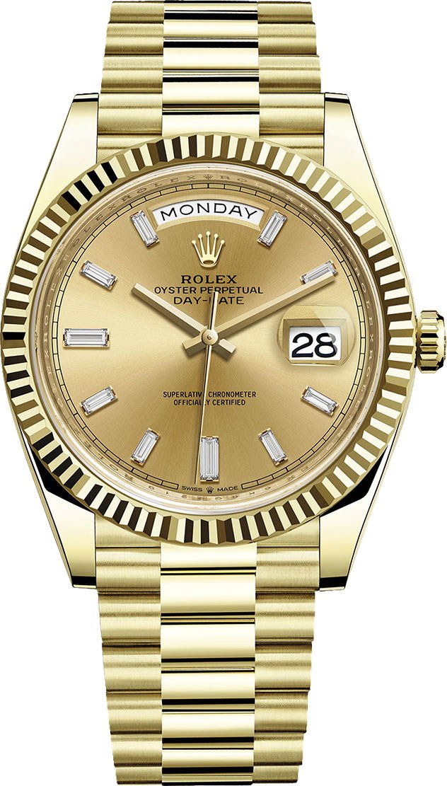 Rolex Day-Date 40 Yellow Gold Champagne Diamond Baguette Dial