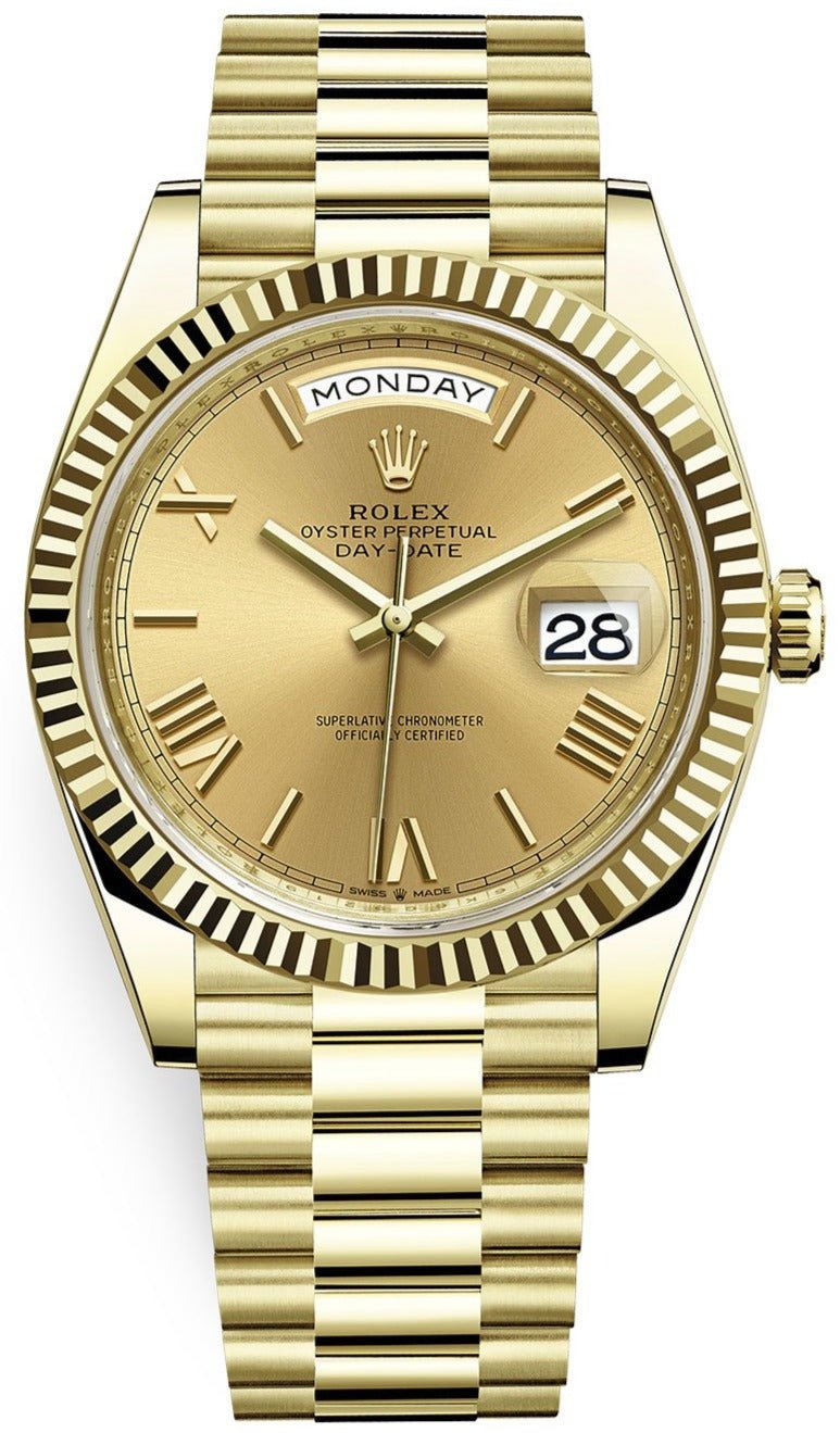 Rolex Day-Date 40 Yellow Gold Champagne Roman Dial Fluted Bezel (Ref # 228238) - WatchesOff5thWatch