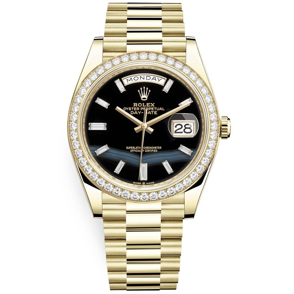 Rolex Day-Date 40 Yellow Gold Day-Date 40 Watch - Bezel - Black Baguette Diamond Dial 228348RBR - WatchesOff5thWatch