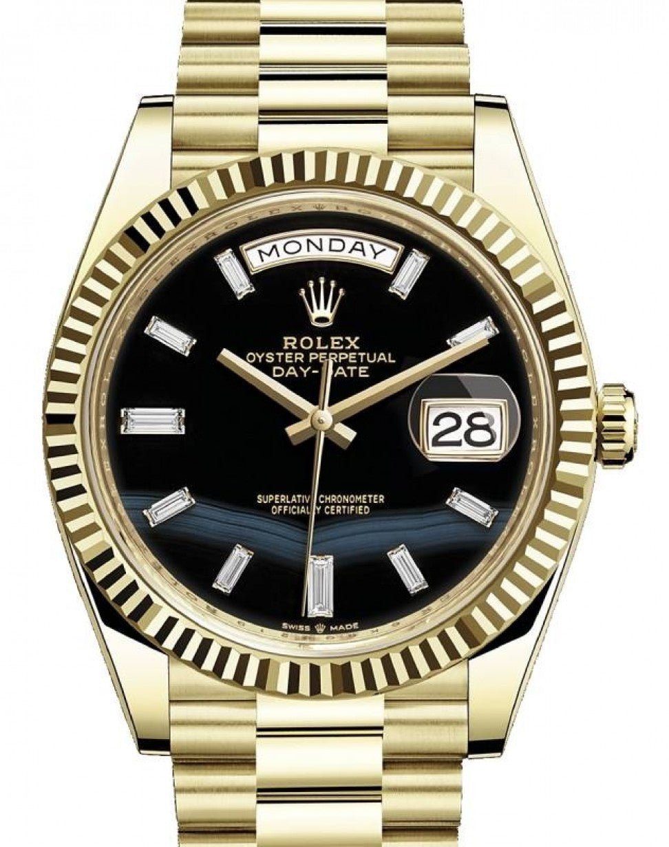 Rolex Day-Date 40 Yellow Gold Day-Date 40 Watch - Fluted Bezel - Onyx Dial - President Bracelet 228238 - WatchesOff5thWatch