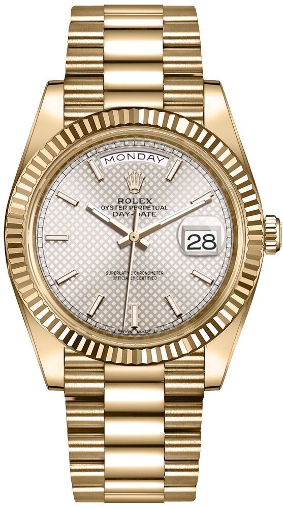 Rolex Day-Date 40 Yellow Gold - Silver Diagonal Motif - Index Dial (Ref# 228238) - WatchesOff5thWatch