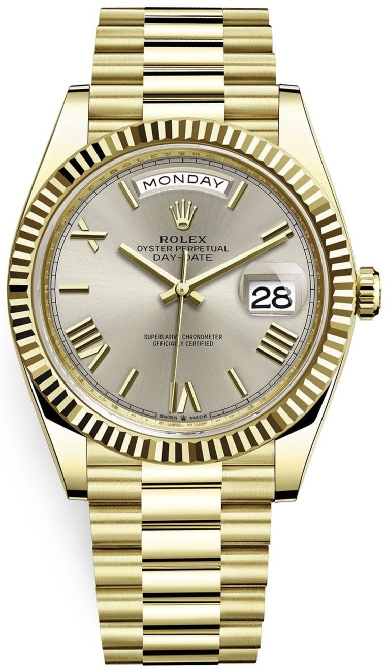 Rolex Day-Date 40 Yellow Gold Silver Roman Dial Fluted Bezel (Ref # 228238) - WatchesOff5thWatch