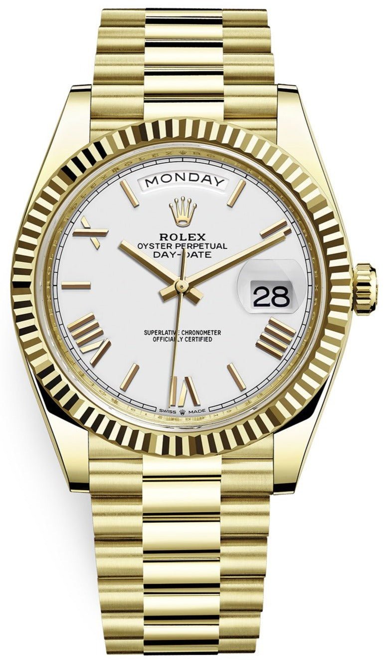 Rolex Day-Date 40 Yellow Gold White Roman Dial Fluted Bezel (Ref# 228238) - WatchesOff5thWatch