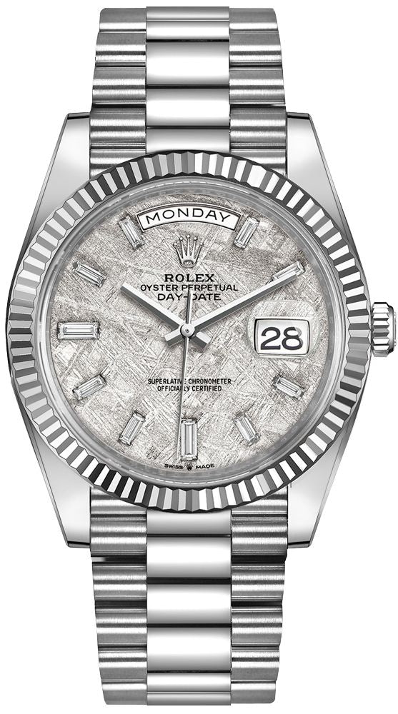 Rolex Day-Date 40mm Meteorite Baguette Dial White Gold Fluted Bezel Reference # 228239 - WatchesOff5thWatch