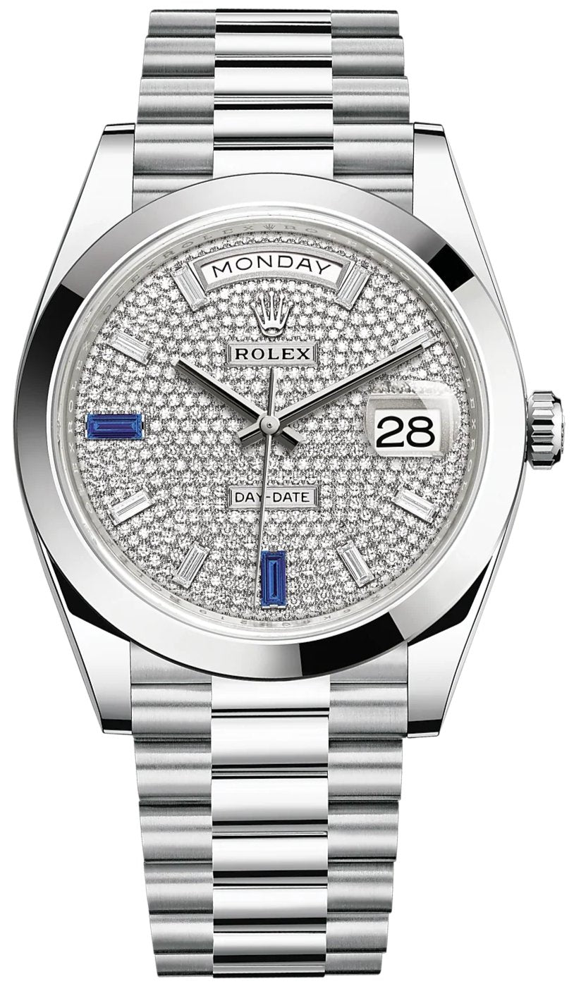 Rolex Day-Date 40mm Paved Diamond Sapphires Dial - Smooth Dome Bezel - Platinum President Automatic (Ref# 228206) - WatchesOff5thWatch