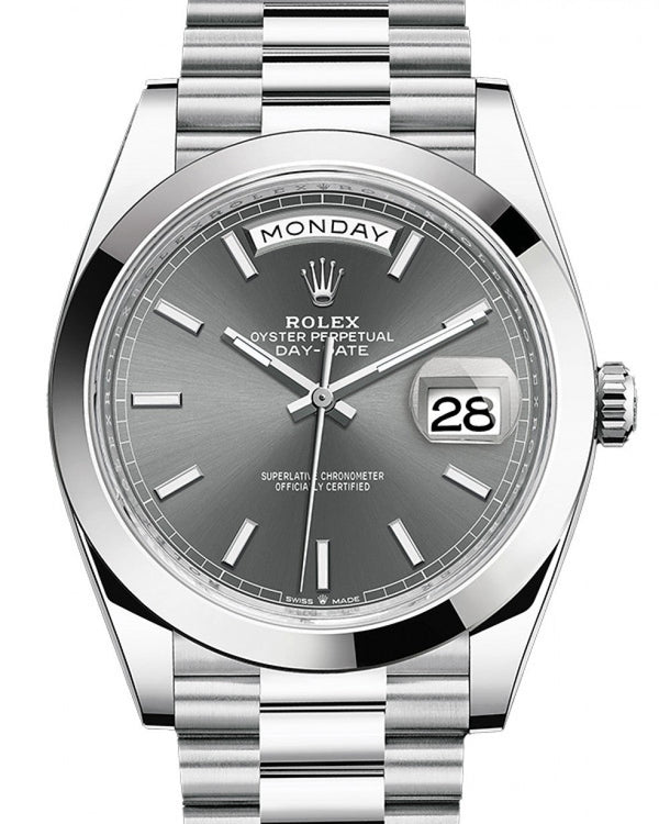 Rolex Day-Date 40mm Platinum/ Grey Dial Smooth Bezel Index Dial (Reference 228206) - WatchesOff5th