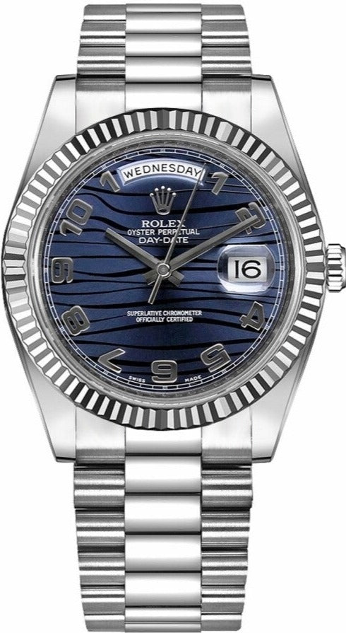 Rolex Day-Date II 18kt White Gold Rolex President Blue Wave Dial Watch (Ref 218239BLWAP) - WatchesOff5thWatches