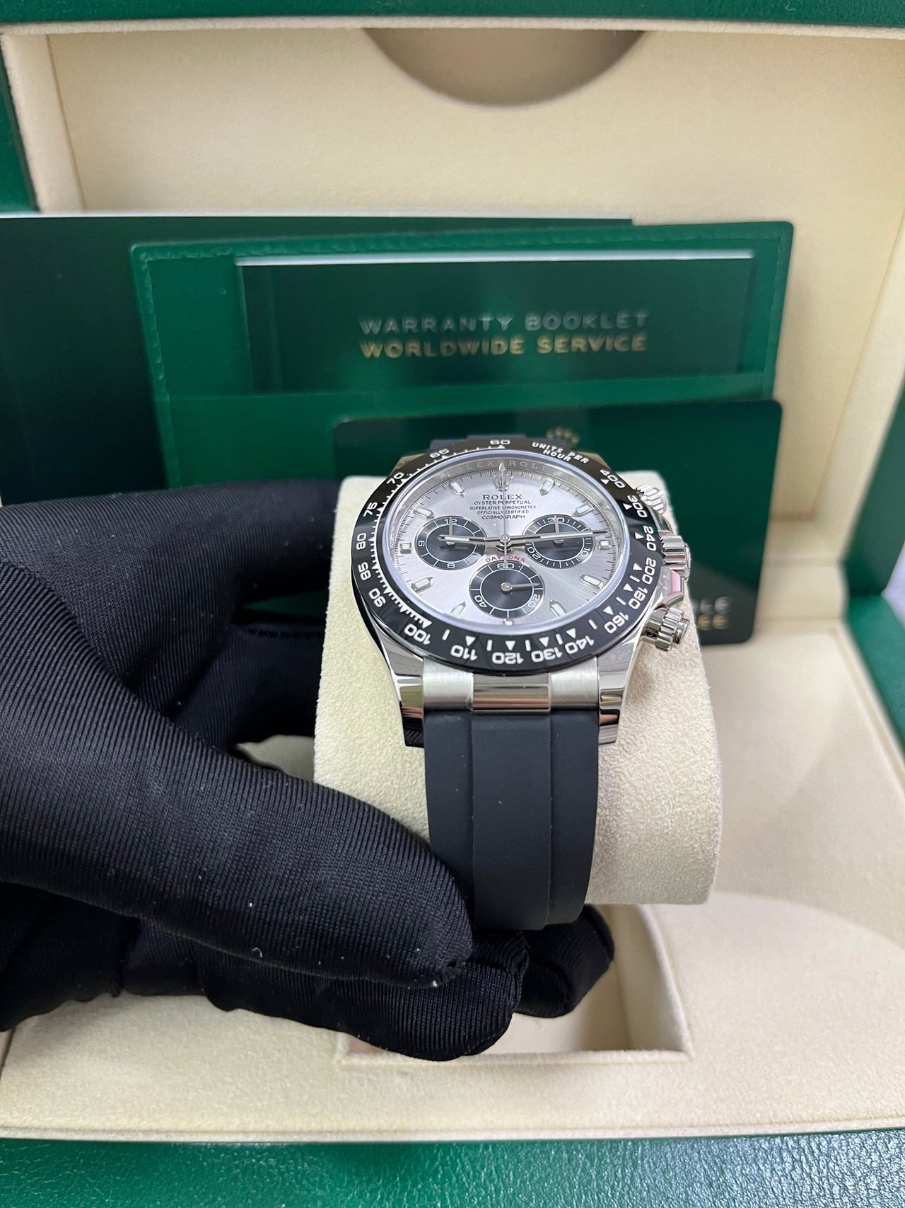 Rolex Daytona 40 White Gold Steel Grey Index Dial Black Sub-Dials Oysterflex (Ref# 116519LN) - WatchesOff5thWatch