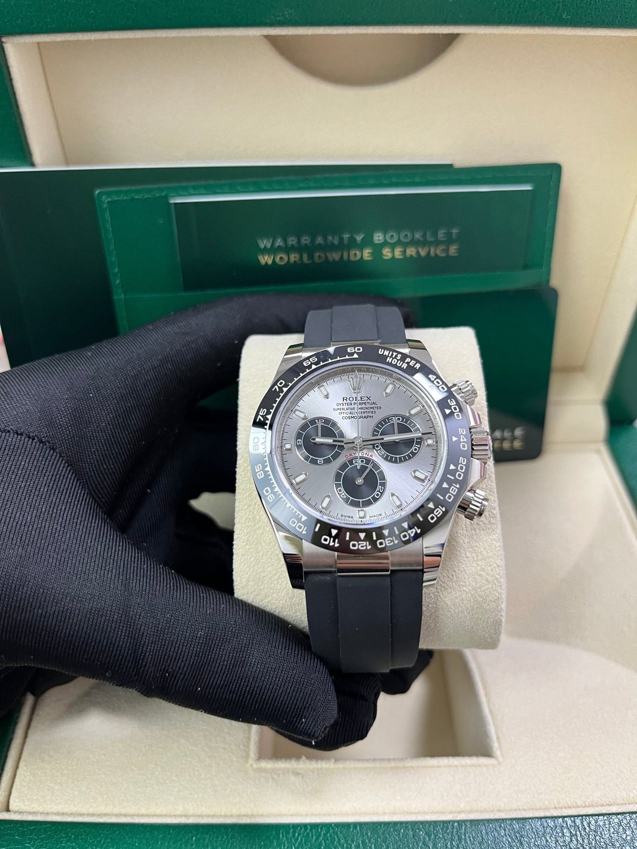 Rolex Daytona 40 White Gold Steel Grey Index Dial Black Sub-Dials Oysterflex (Ref# 116519LN) - WatchesOff5thWatch