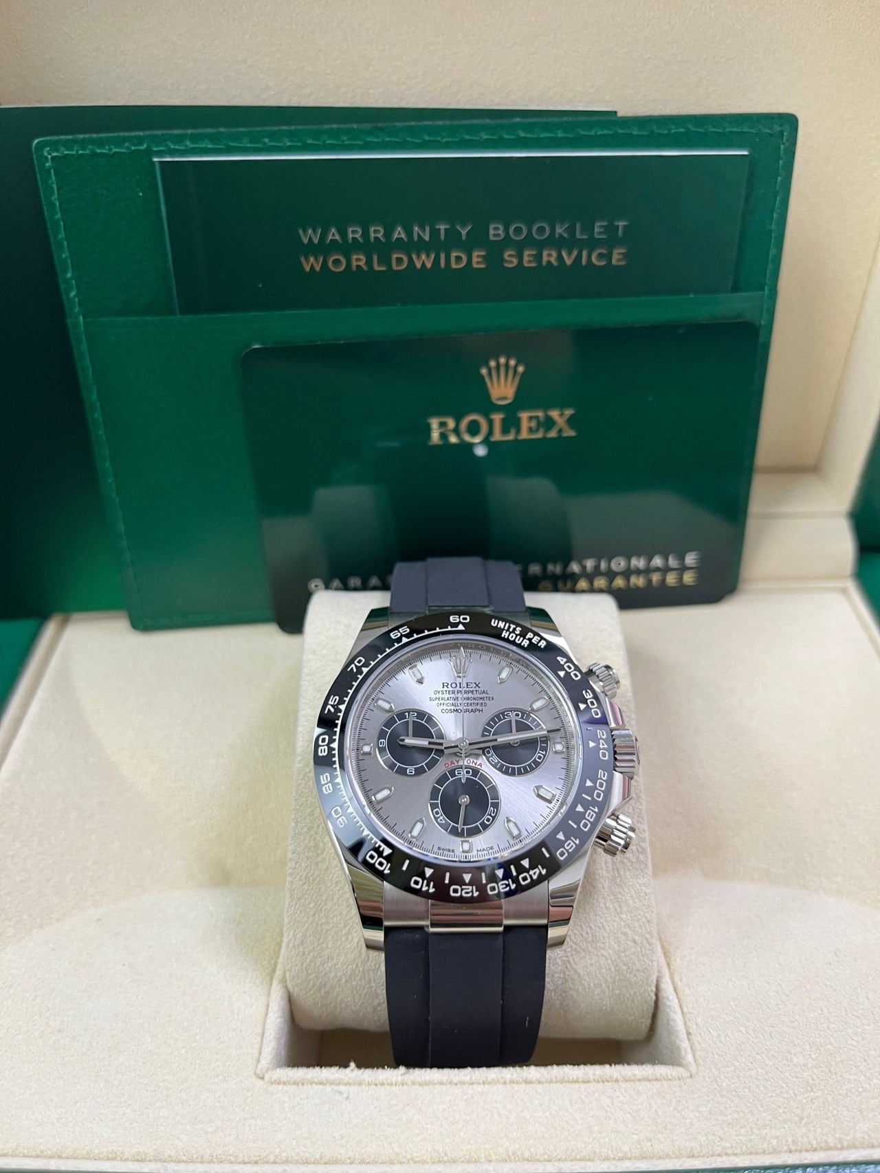 Rolex Daytona 40 White Gold Steel Grey Index Dial Black Sub-Dials Oysterflex (Ref# 116519LN) - WatchesOff5thWatch