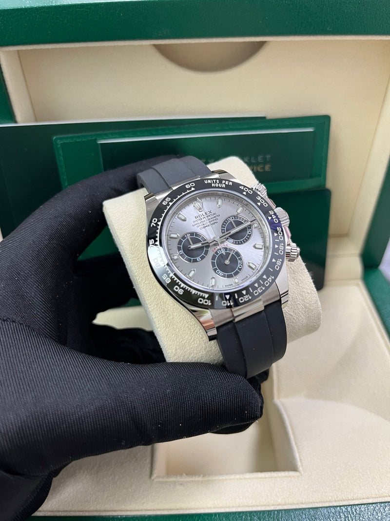Rolex Daytona 40 White Gold Steel Grey Index Dial Black Sub-Dials Oysterflex (Ref# 116519LN) - WatchesOff5thWatch