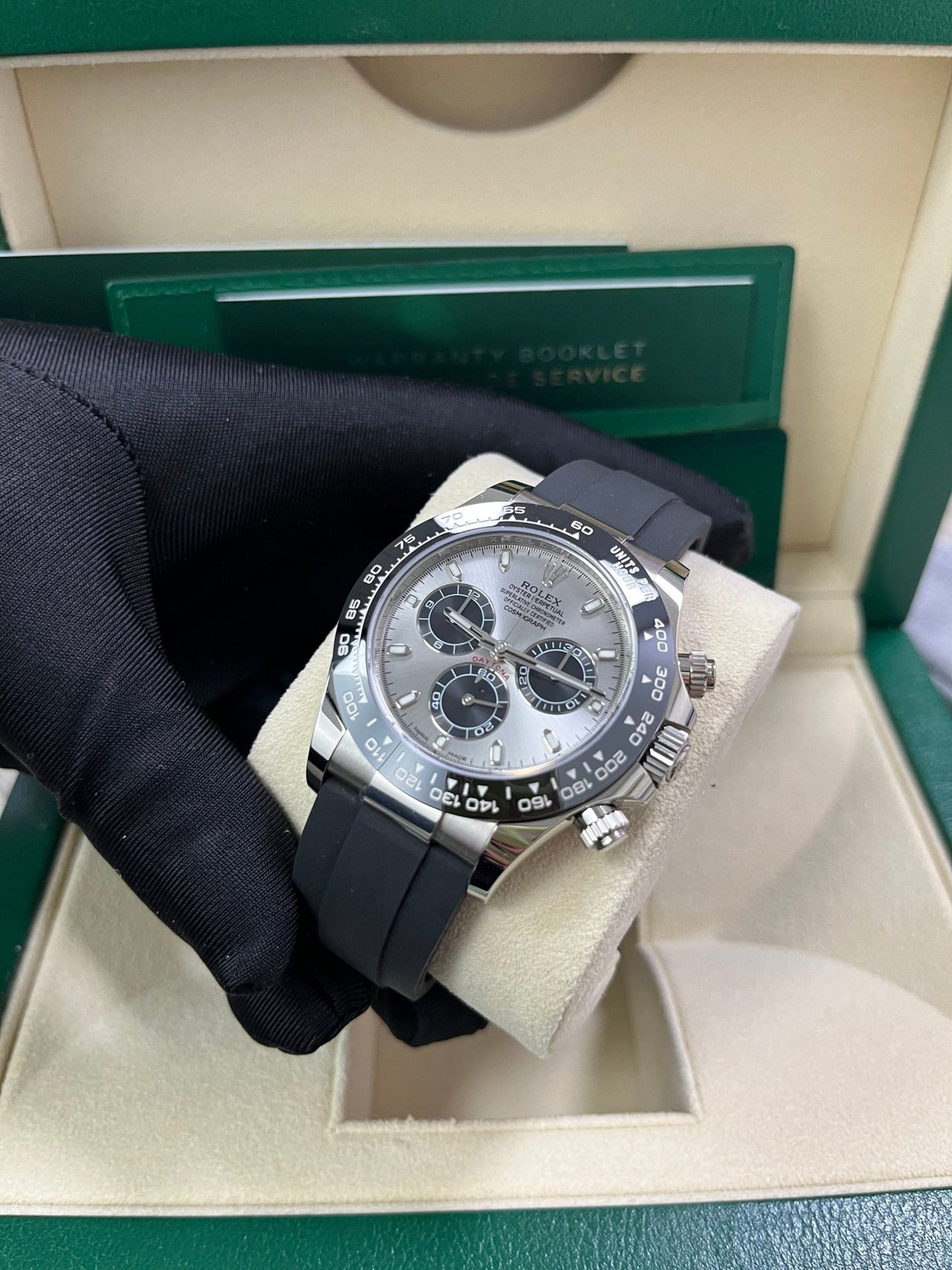 Rolex Daytona 40 White Gold Steel Grey Index Dial Black Sub-Dials Oysterflex (Ref# 116519LN) - WatchesOff5thWatch