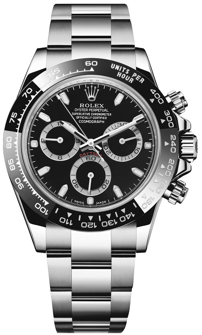 Rolex Daytona 116500LN stainless steel chronograph with black index dial and ceramic bezel