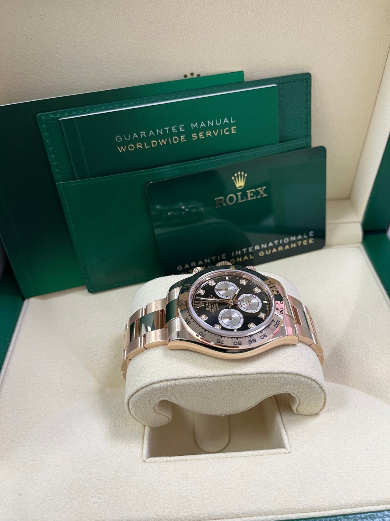 Rolex Daytona Everose Gold Black And Sundust Diamond Dial Oyster Bracelet 126505 - WatchesOff5th