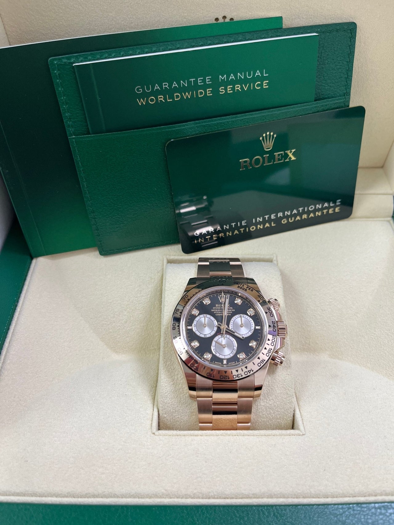 Rolex Daytona Everose Gold Black And Sundust Diamond Dial Oyster Bracelet 126505 - WatchesOff5th