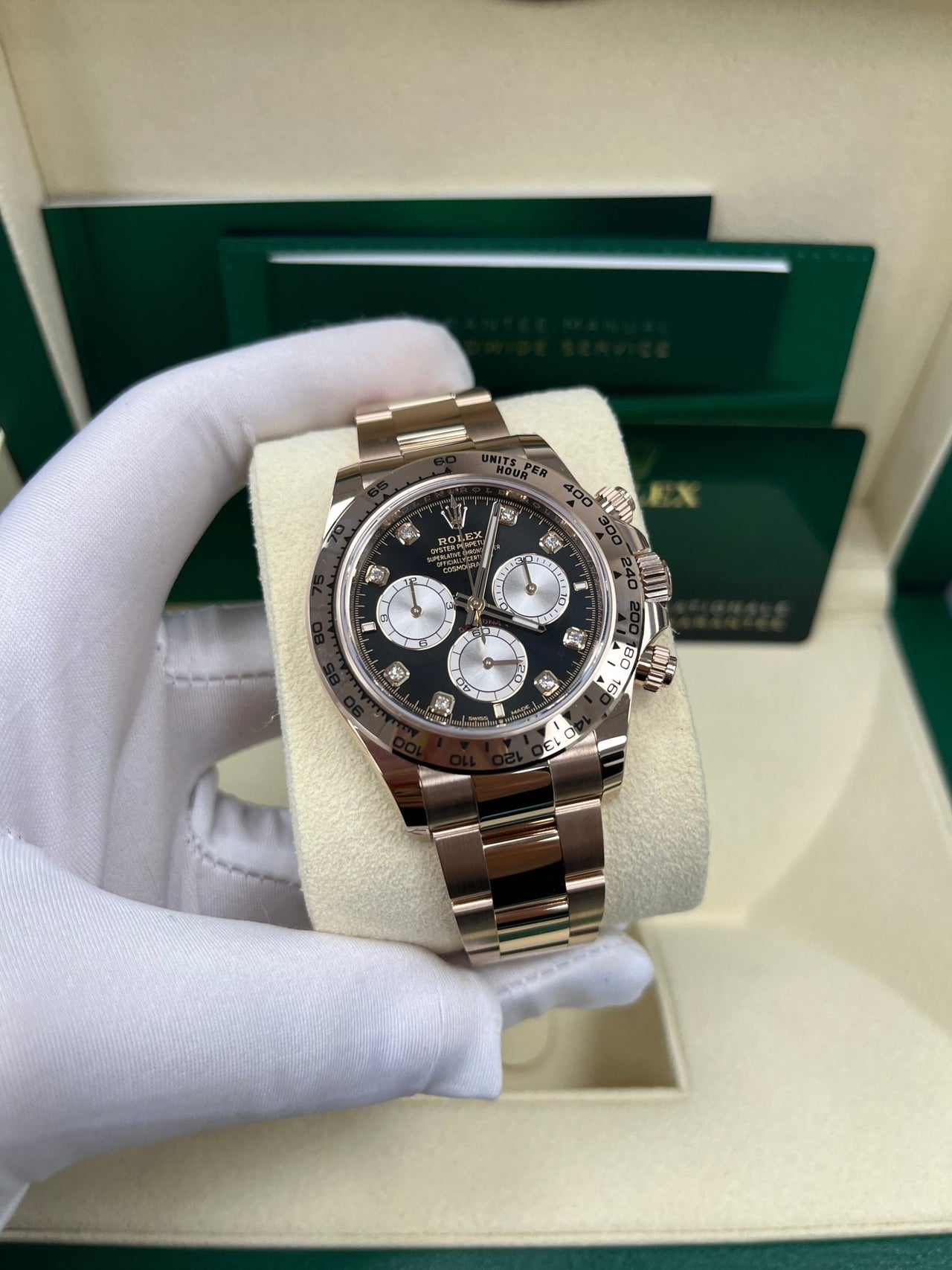 Rolex Daytona Everose Gold Black And Sundust Diamond Dial Oyster Bracelet 126505 - WatchesOff5th