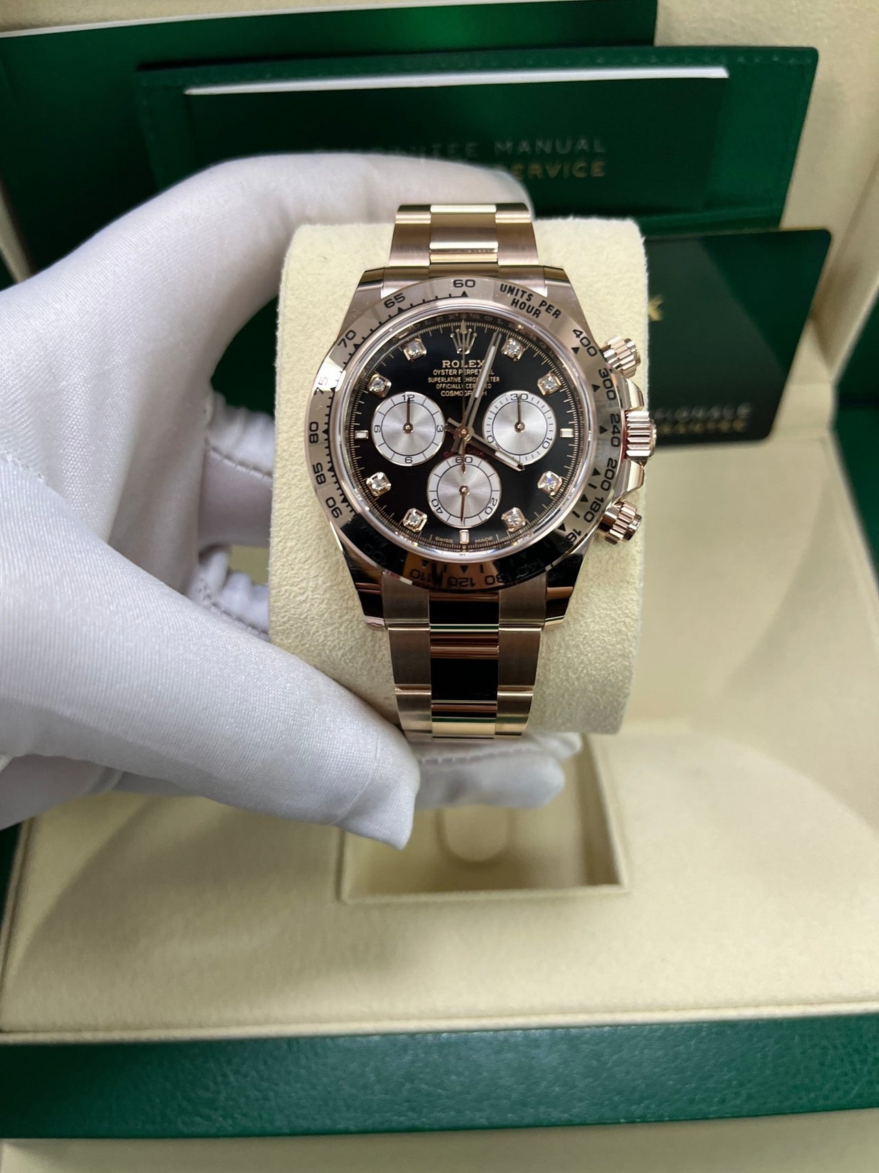 Rolex Daytona Everose Gold Black And Sundust Diamond Dial Oyster Bracelet 126505 - WatchesOff5th