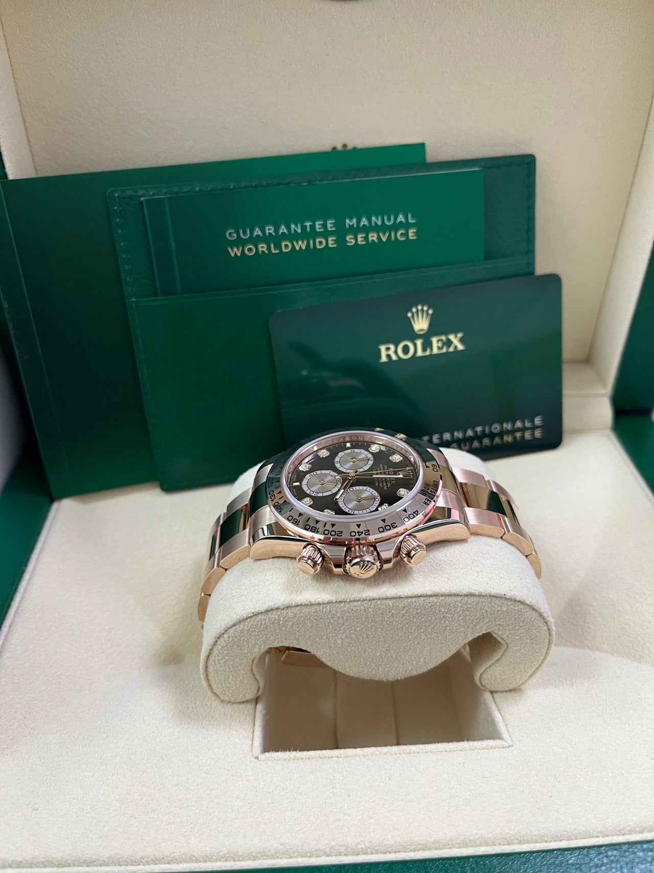 Rolex Daytona Everose Gold Black And Sundust Diamond Dial Oyster Bracelet 126505 - WatchesOff5th