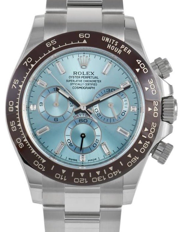 Rolex Daytona Platinum 40mm Ice Blue Diamond Baguette Dial (Ref # 116506) - WatchesOff5thWatch