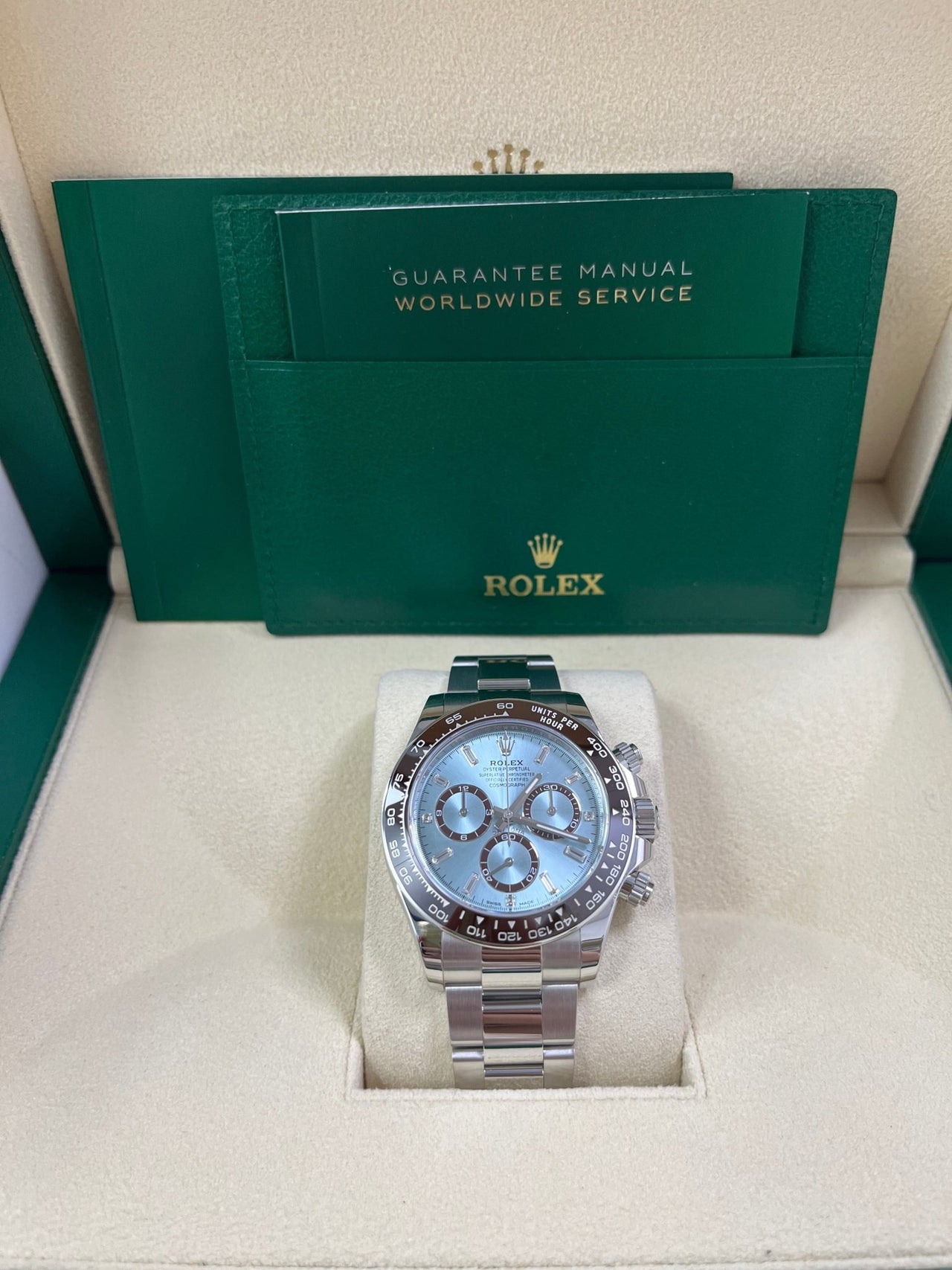 Rolex Daytona Platinum Daytona Ice Blue Baguette Dial 126506 - WatchesOff5th