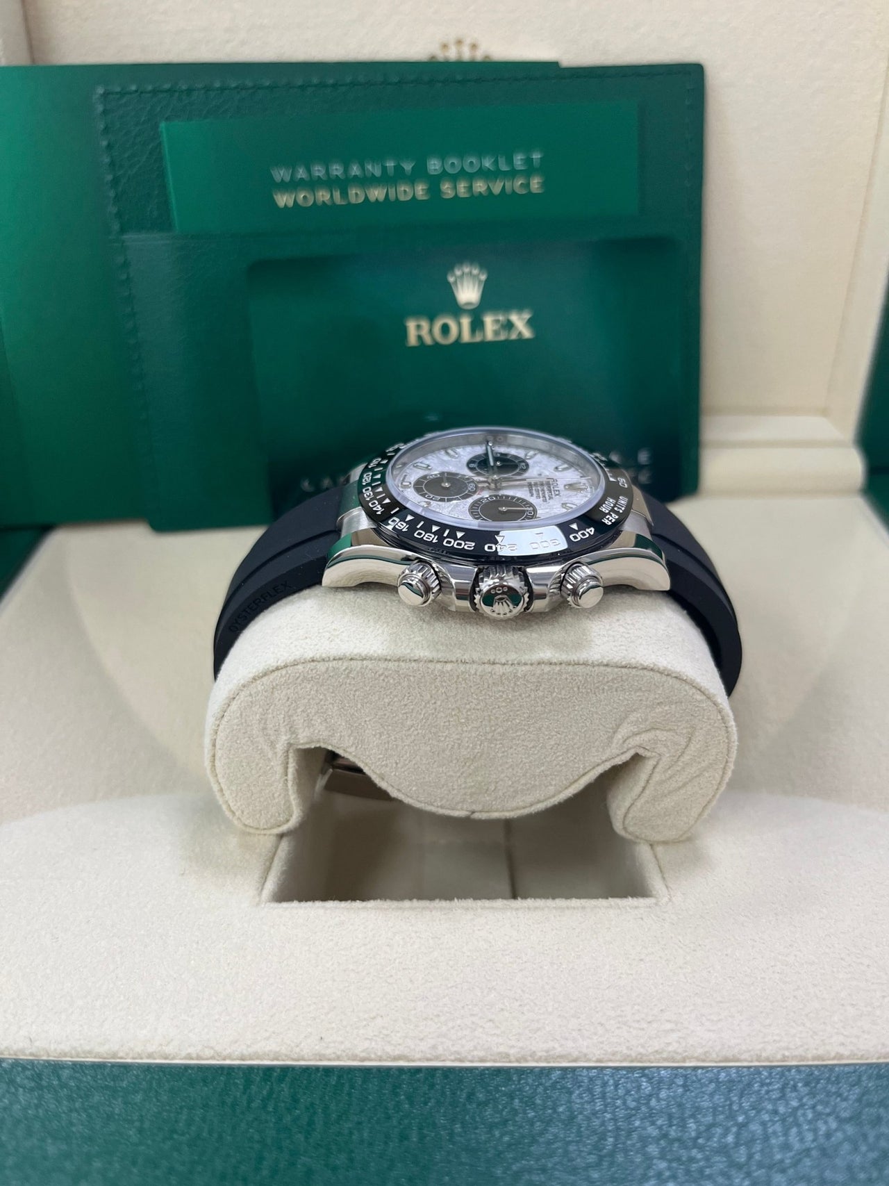 Rolex Daytona White Gold Daytona 40 Watch - Meteroite and Black Index Dial - Black Oysterflex 116519LN - WatchesOff5thWatch