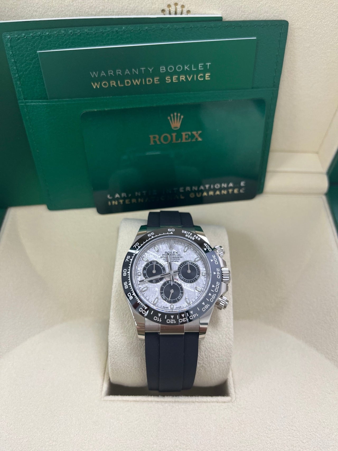 Rolex Daytona White Gold Daytona 40 Watch - Meteroite and Black Index Dial - Black Oysterflex 116519LN - WatchesOff5thWatch