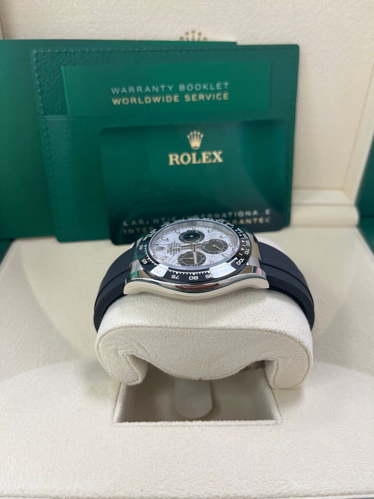 Rolex Daytona White Gold Daytona 40 Watch - Meteroite and Black Index Dial - Black Oysterflex 116519LN - WatchesOff5thWatch