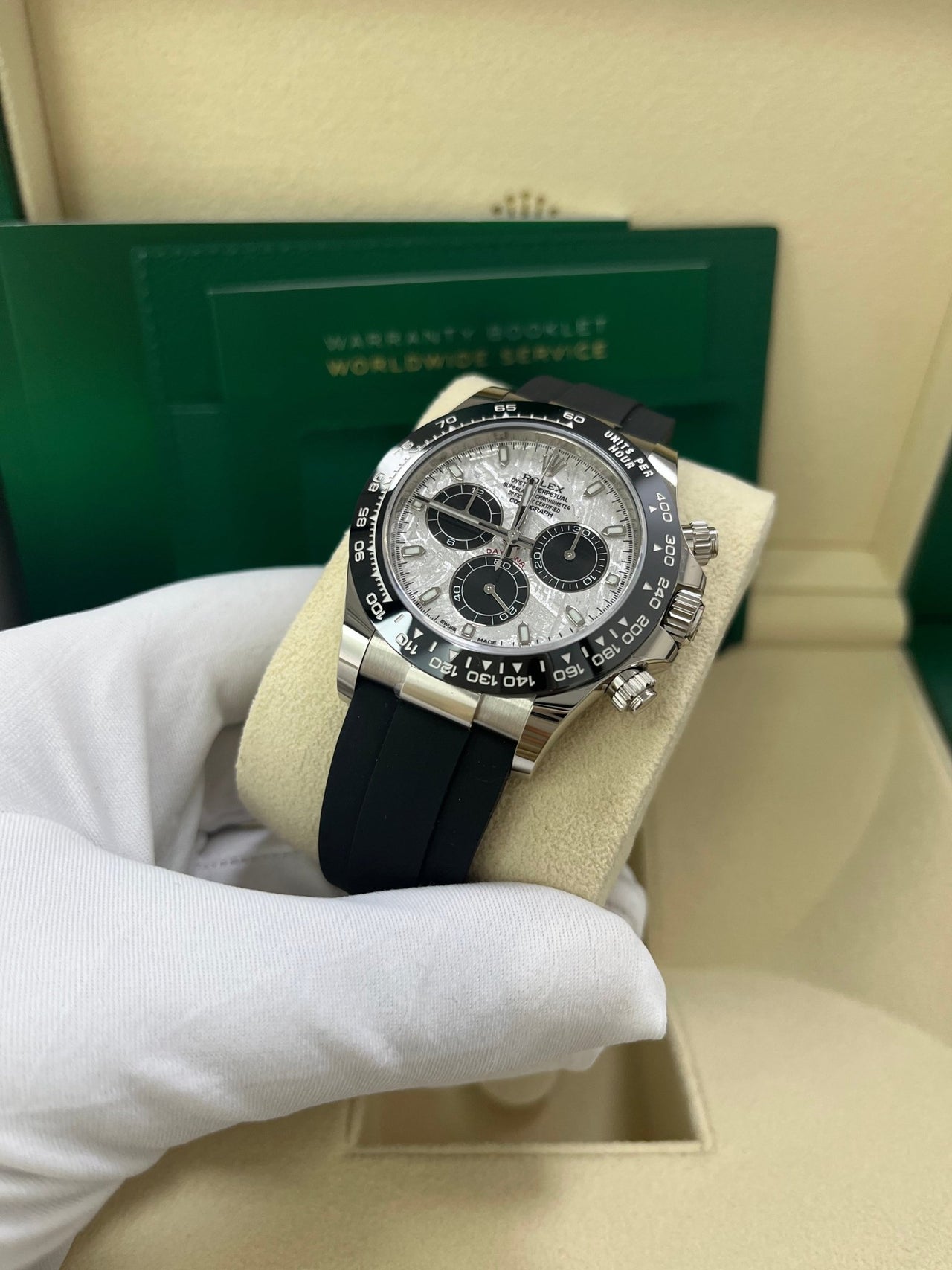 Rolex Daytona White Gold Daytona 40 Watch - Meteroite and Black Index Dial - Black Oysterflex 116519LN - WatchesOff5thWatch