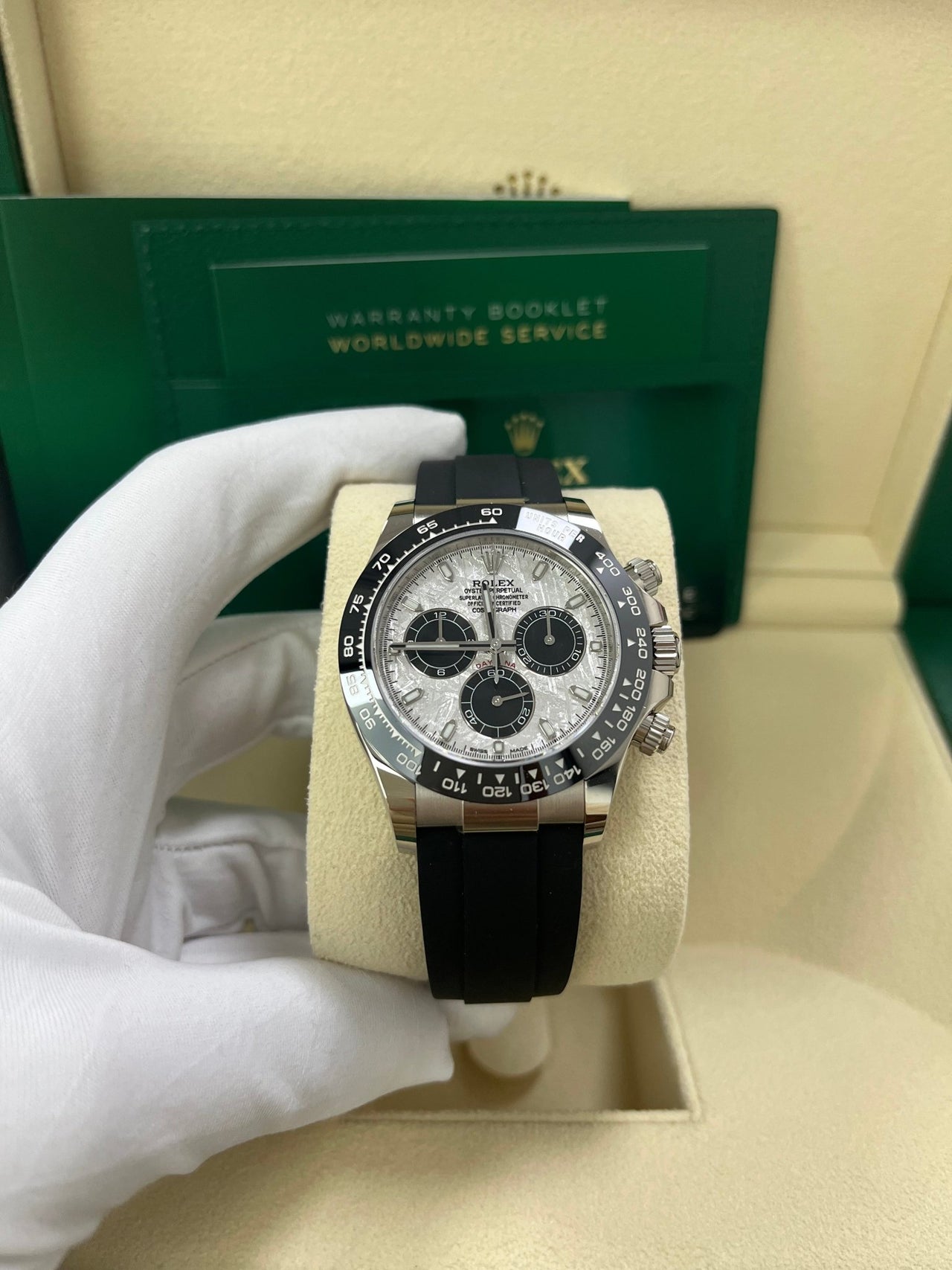 Rolex Daytona White Gold Daytona 40 Watch - Meteroite and Black Index Dial - Black Oysterflex 116519LN - WatchesOff5thWatch