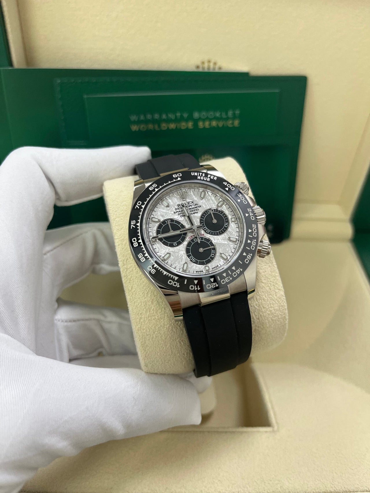 Rolex Daytona White Gold Daytona 40 Watch - Meteroite and Black Index Dial - Black Oysterflex 116519LN - WatchesOff5thWatch