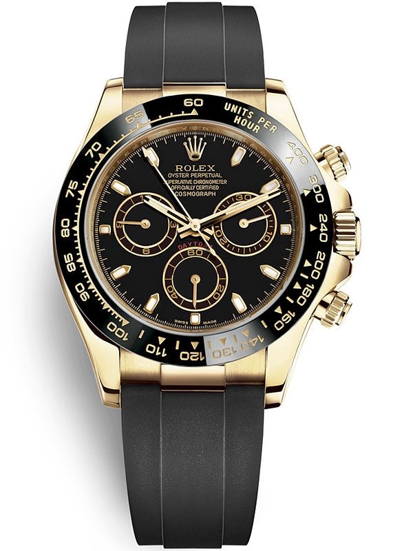 Rolex Daytona Yellow Gold Daytona 40 Watch - Black Index Dial - Black Oysterflex Strap 116518LN - WatchesOff5thWatch