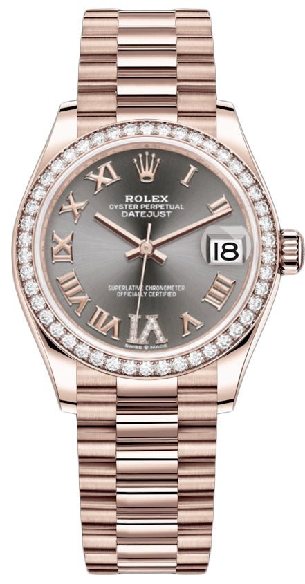 Rolex Everose Gold Datejust 31 Watch - Diamond Bezel - Rhodium Diamond Six Dial - President Bracelet (Reference # 278285RBR) - WatchesOff5thWatches