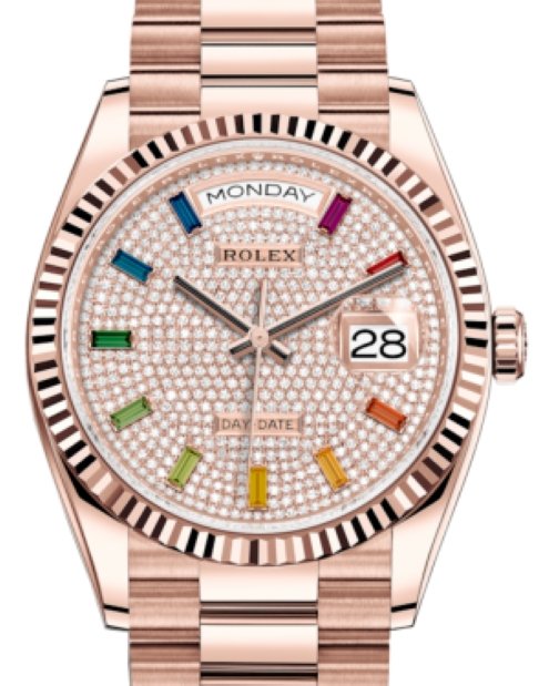 Rolex Everose Gold Day Date 36 Watch Fluted Bezel Diamond Paved Rainbow Sapphire Dial(Ref# 128235) - WatchesOff5th